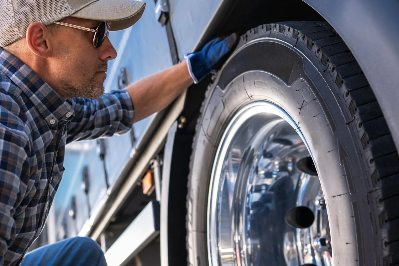 Professional driver inspecting a commercial truck tire