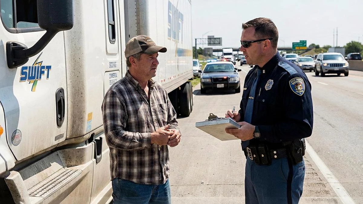Truck driver speaking with a state trooper